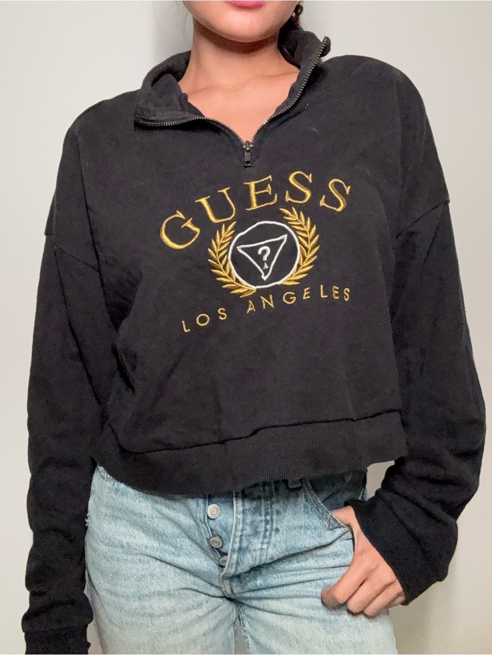 Cute GUESS Los Angeles Logo Sweater in Black and Gold Fall Winter Sweater